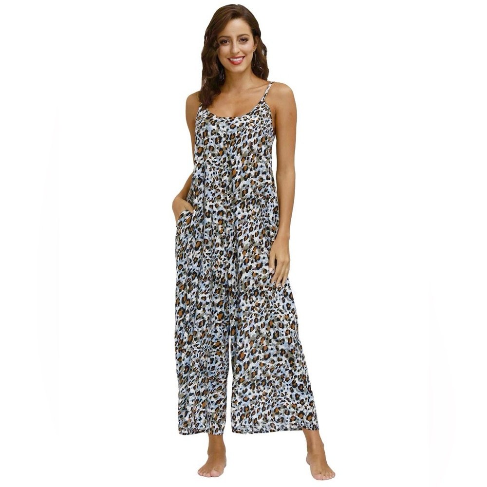BUENOS NINOS Blue/Black/Brown Animal Print Relaxed Fit Wide Leg Jumpsuit Sz S